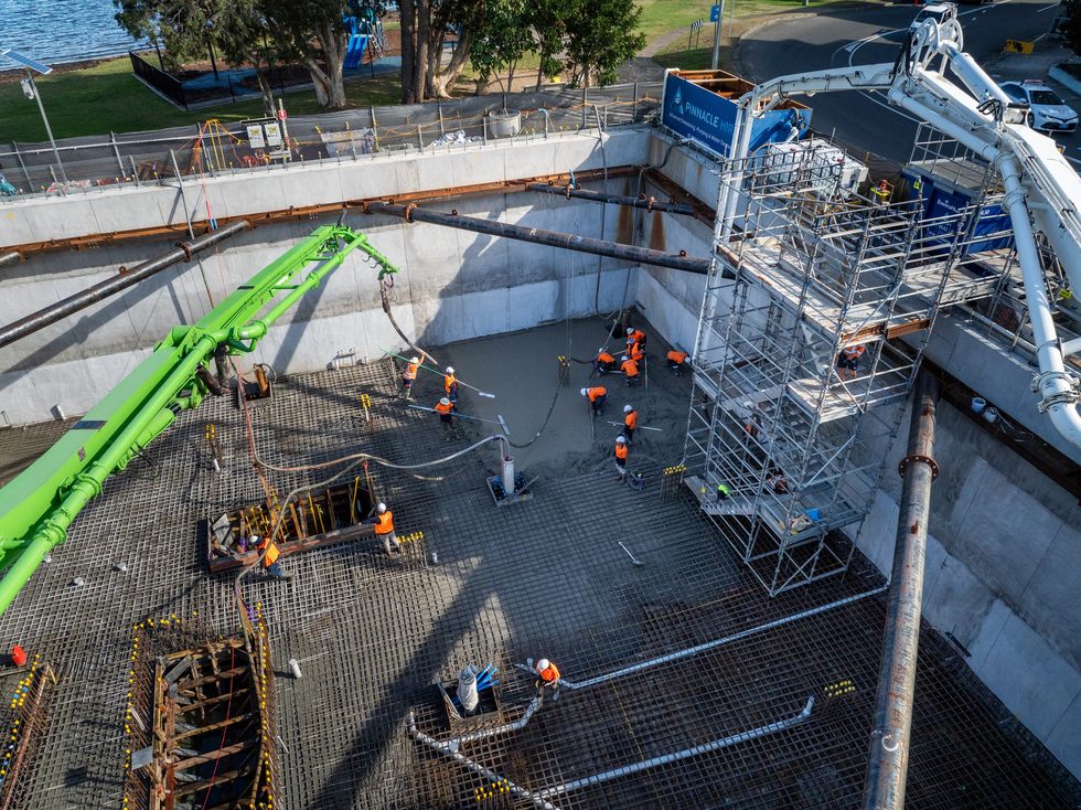 Belmont Mars Building — overhead view of basement slab pour, Macquarie St