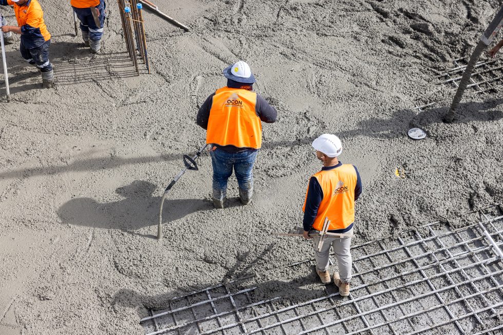 Overhead view of concrete placement, Belmont Mars Building
